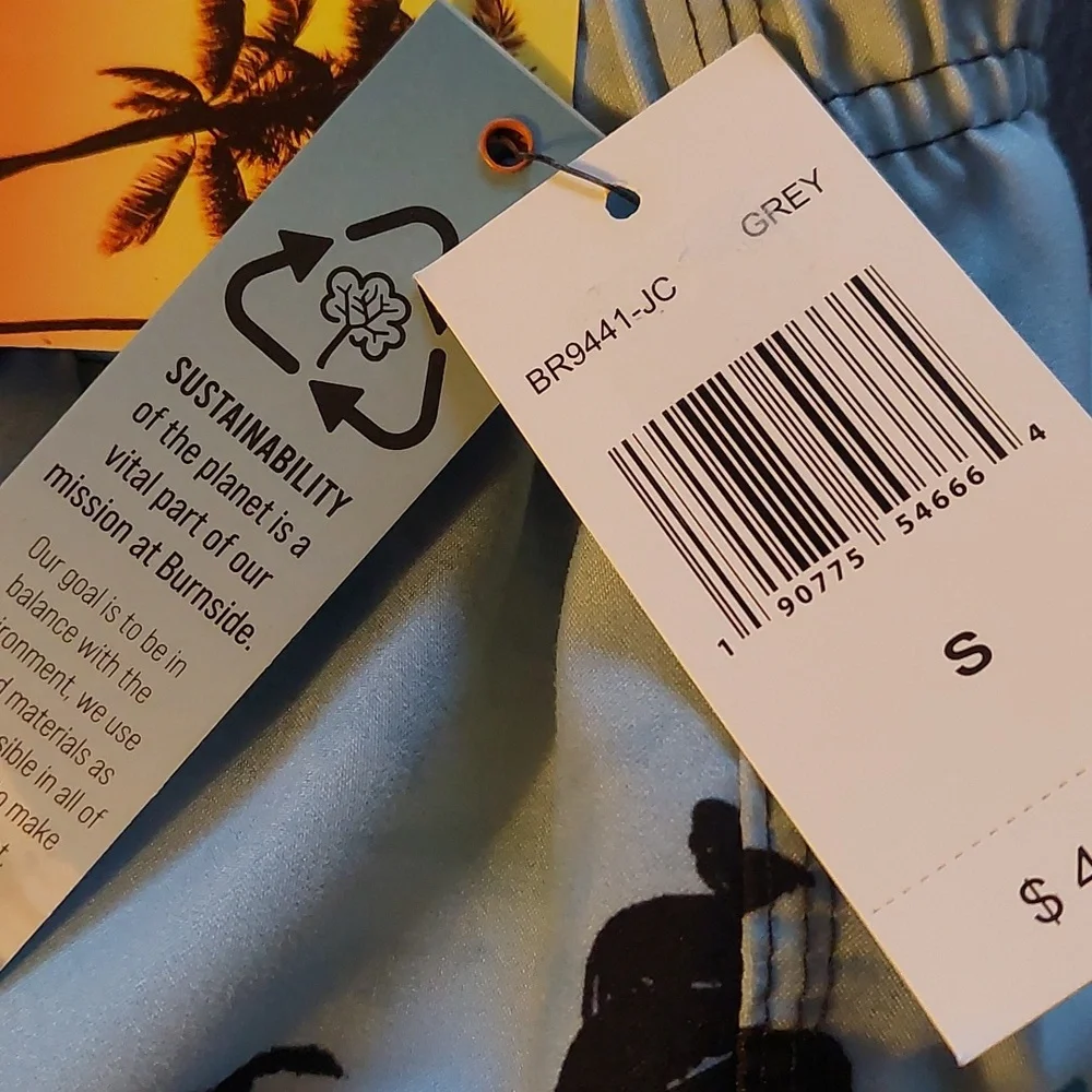 Burnside Boys Size Small Swim Trunks Shorts Grey Palm Trees Surf Boards Ocean